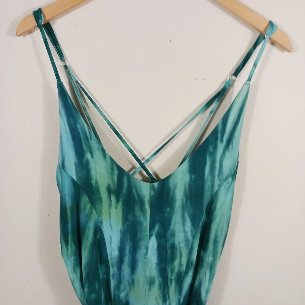 Zen Knits, Calf/Ankle Length Teal Tie Dye Jumpsuit, Size Large, Adj. Straps Boho - Picture 6 of 16